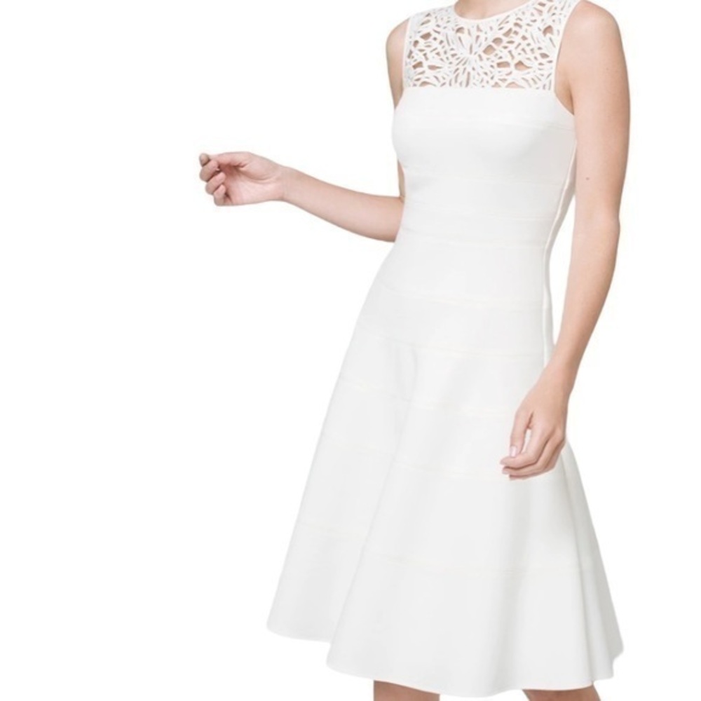 White House black market fit and flare ecru white lace bandage dress nwt $180